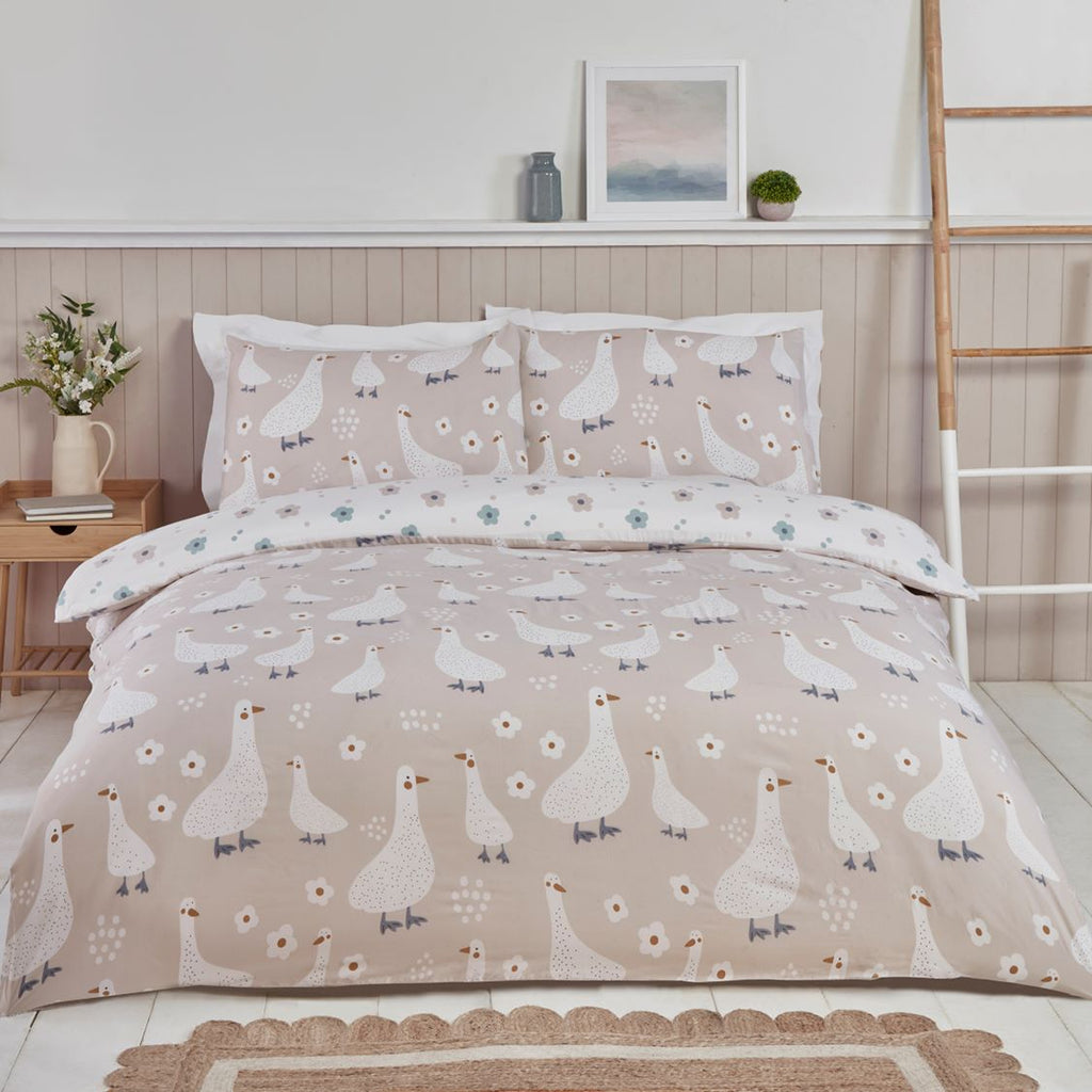 Jemima Duck reversible microfibre duvet cover set in natural with hand-painted duck design.