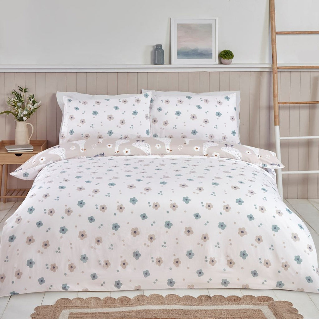 Reverse flower design on the Jemima natural duck duvet cover set.