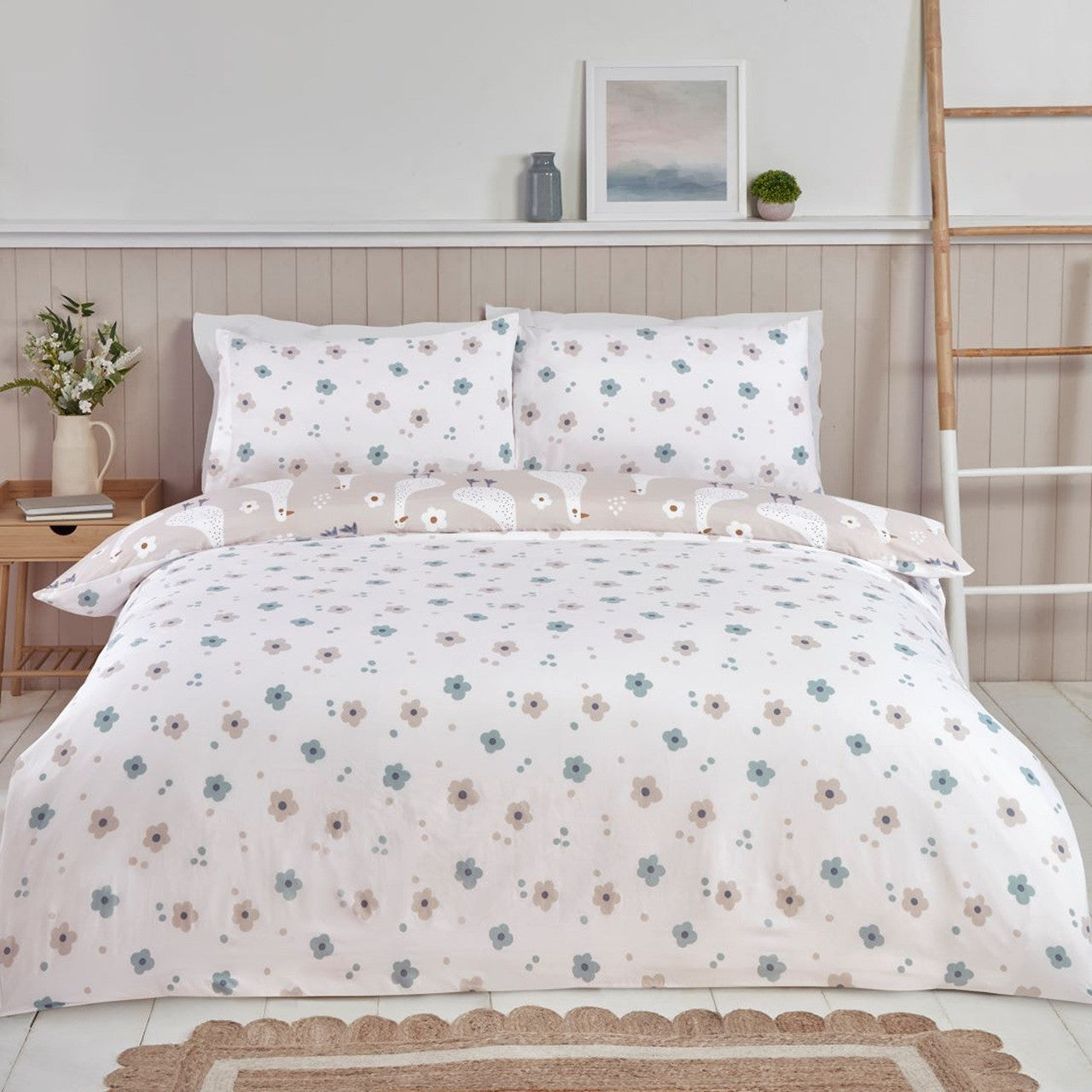 Reverse flower design on the Jemima natural duck duvet cover set.