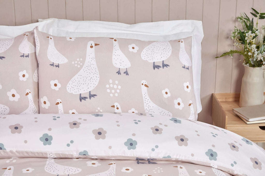 Close-up of the soft microfibre fabric on the Jemima natural duck duvet cover set.