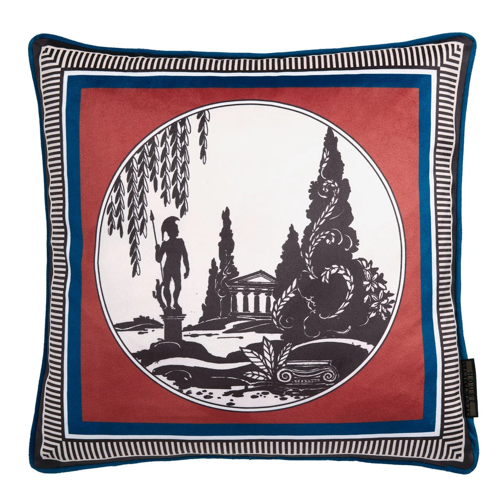 Close-up of the classical scenic motif on the Laurence Llewelyn-Bowen Arcadia Red cushion.