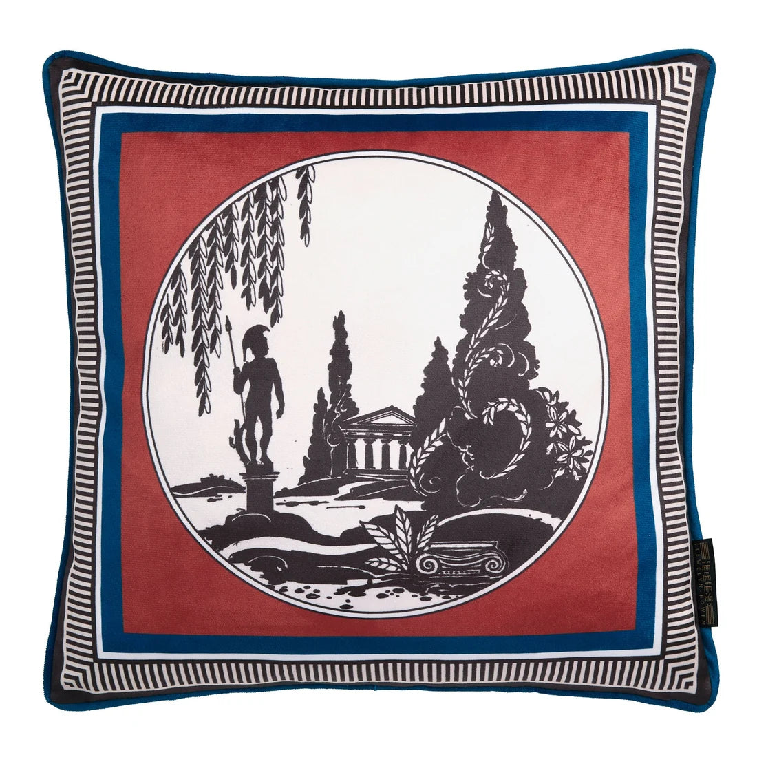Close-up of the classical scenic motif on the Laurence Llewelyn-Bowen Arcadia Red cushion.