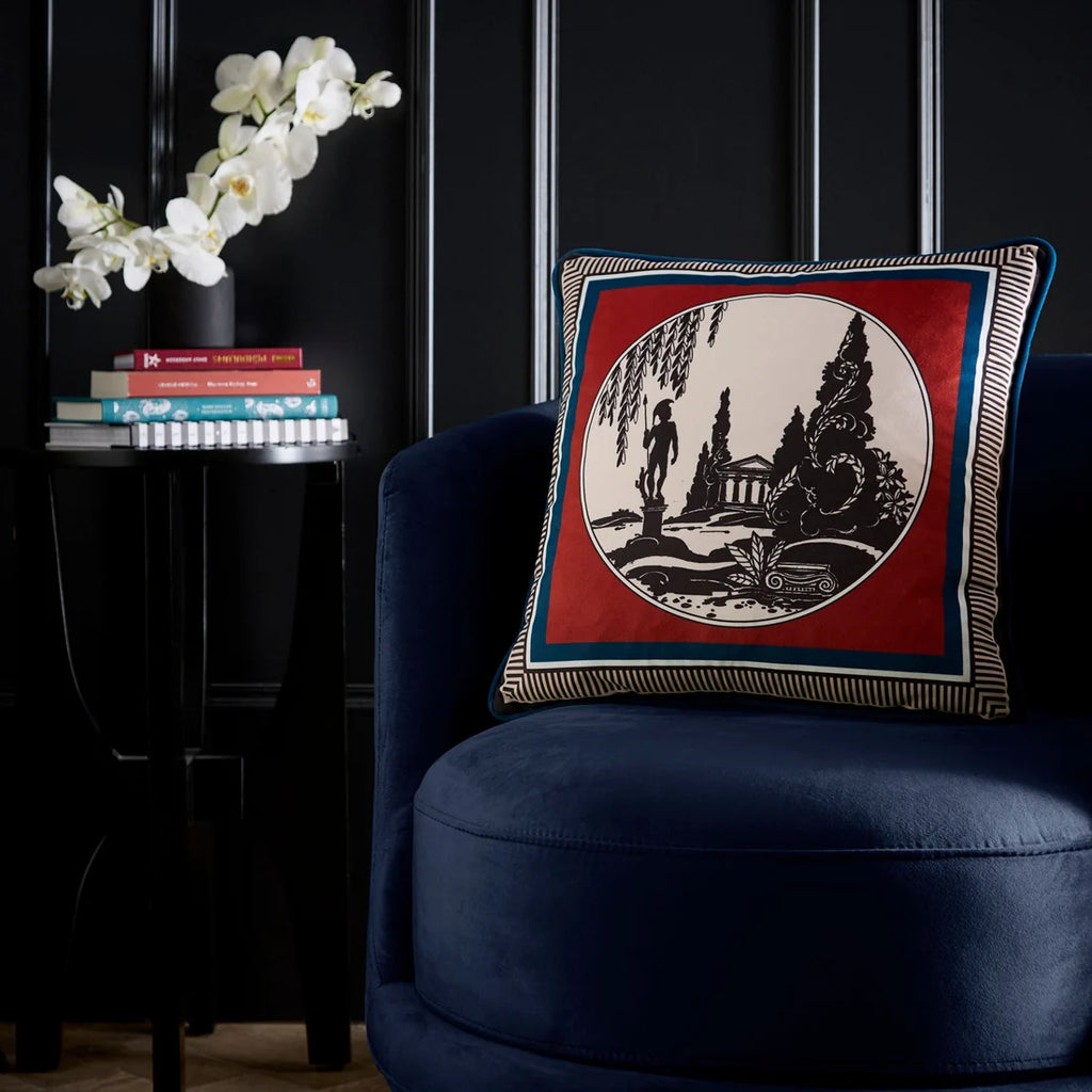 Laurence Llewelyn-Bowen Arcadia velvet cushion in Red 43 x 43cm with a classical scenic design.