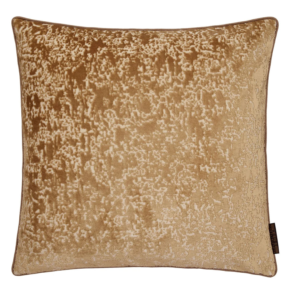Close-up of the intricate jacquard pattern on the Laurence Llewelyn-Bowen Atlas Gold cushion.