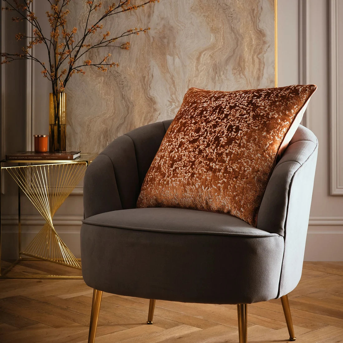 Laurence Llewelyn-Bowen Atlas jacquard velvet cushion in Spice 55 x 55cm.