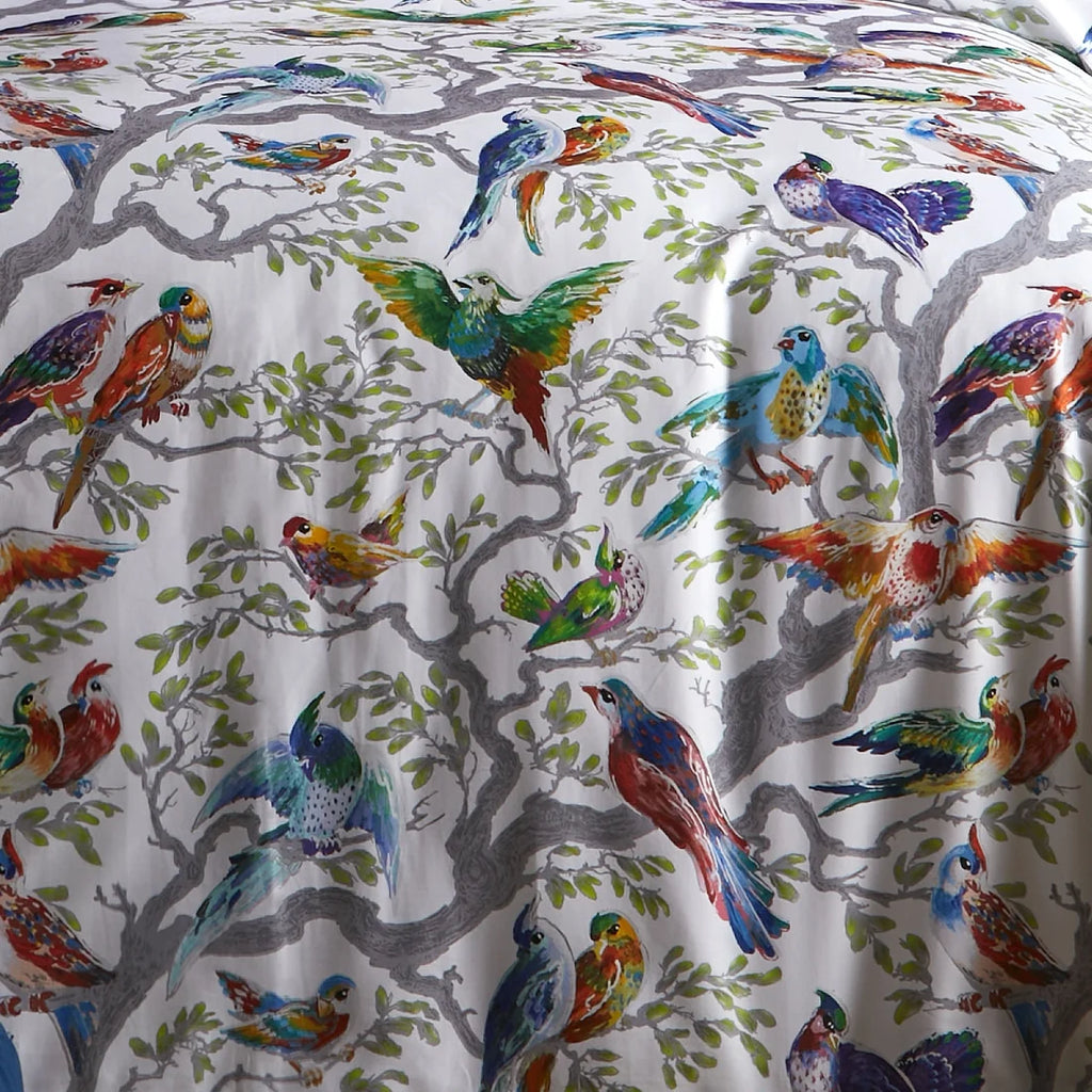 Close-up of the smooth 200 thread count cotton sateen fabric on the Birdity Absurdity duvet cover set.