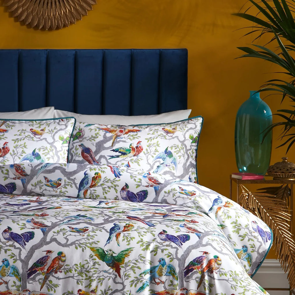 Close-up of the colourful digital print on the Laurence Llewelyn-Bowen Birdity Absurdity bedding.