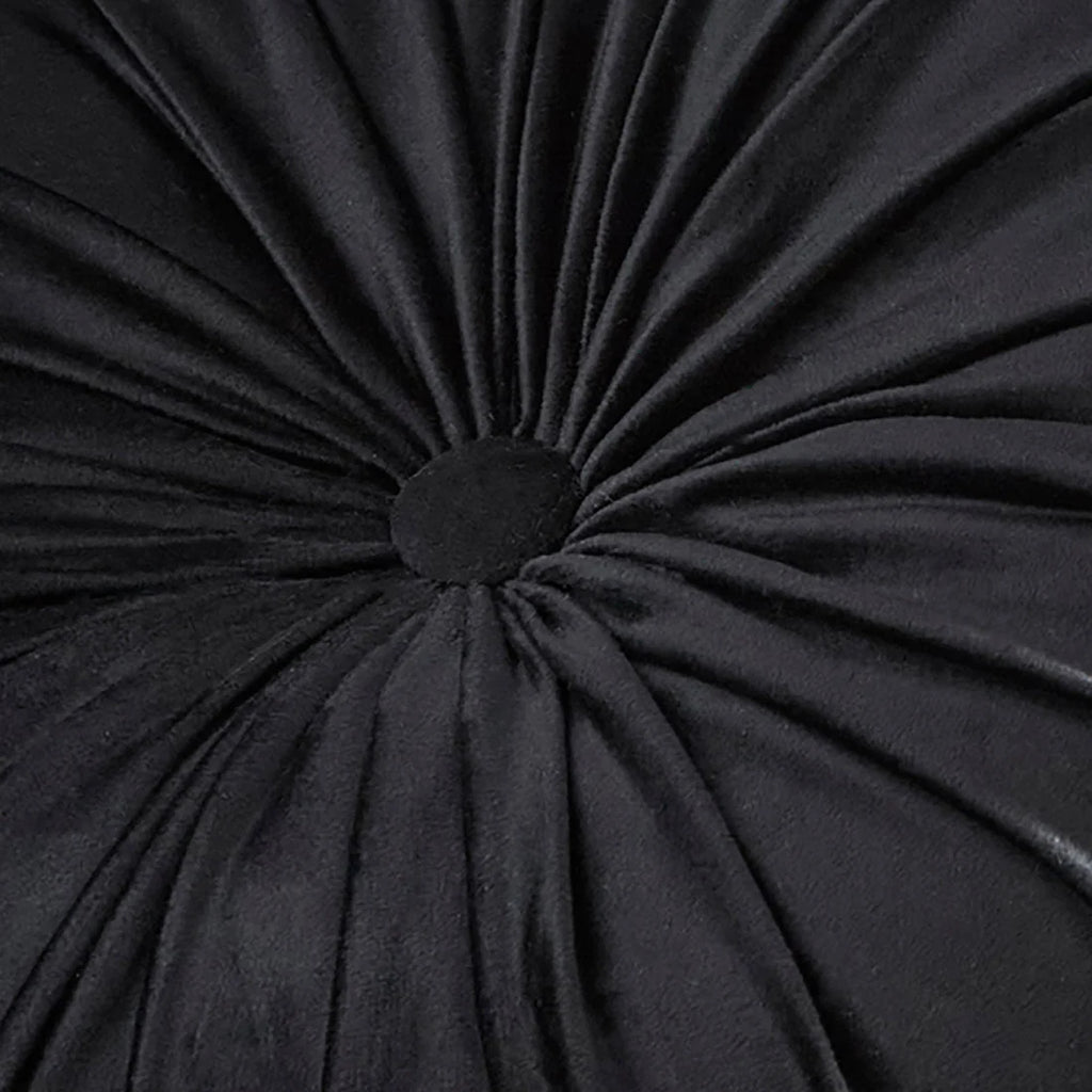 Close-up of the radiating pleat detailing on the Laurence Llewelyn-Bowen Black round cushion.