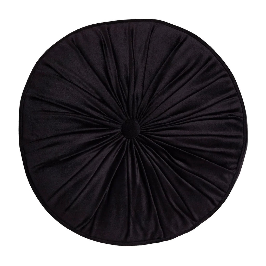 Close-up of the soft black velvet fabric on the Laurence Llewelyn-Bowen Round Pleated cushion.