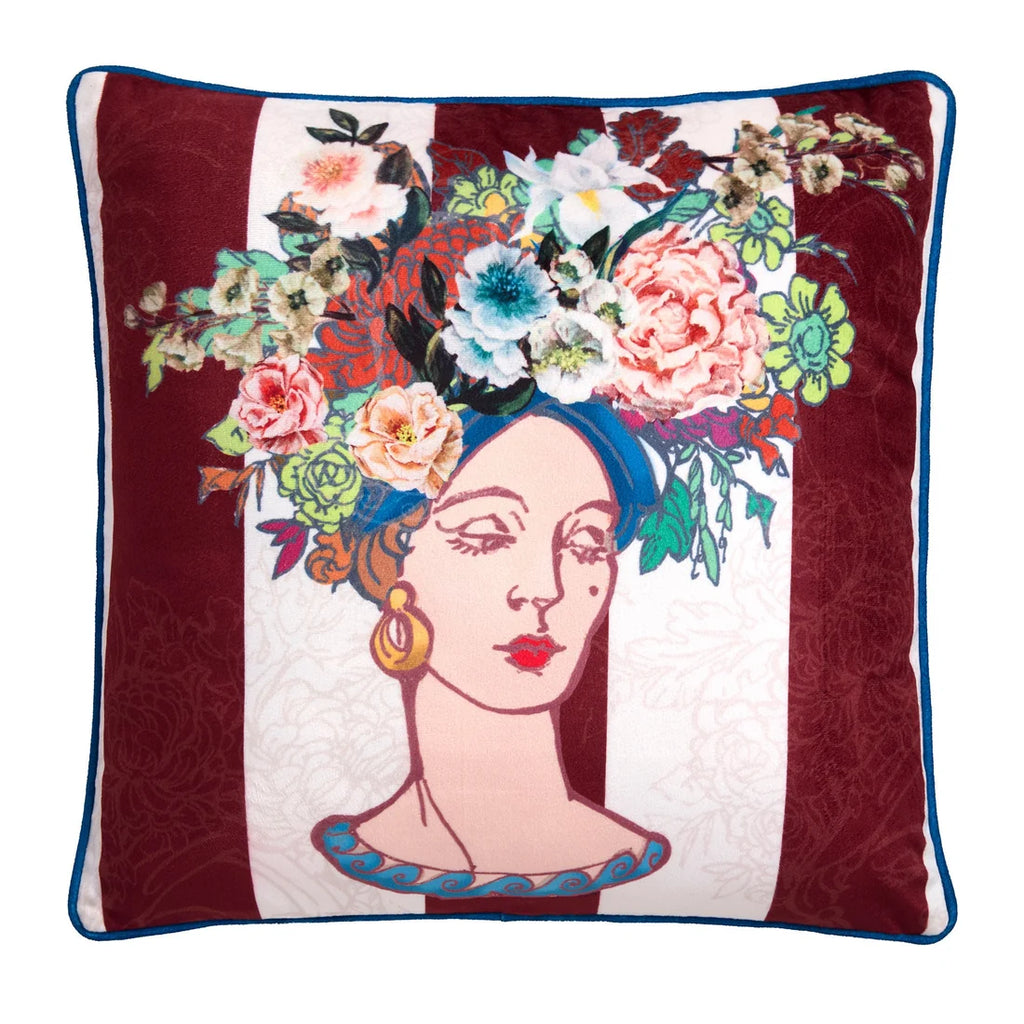 Close-up of the floral portrait artwork on the Laurence Llewelyn-Bowen Bouquet Lady cushion.