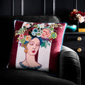 Laurence Llewelyn-Bowen Bouquet Lady velvet cushion in Multi 43 x 43cm with floral portrait design.