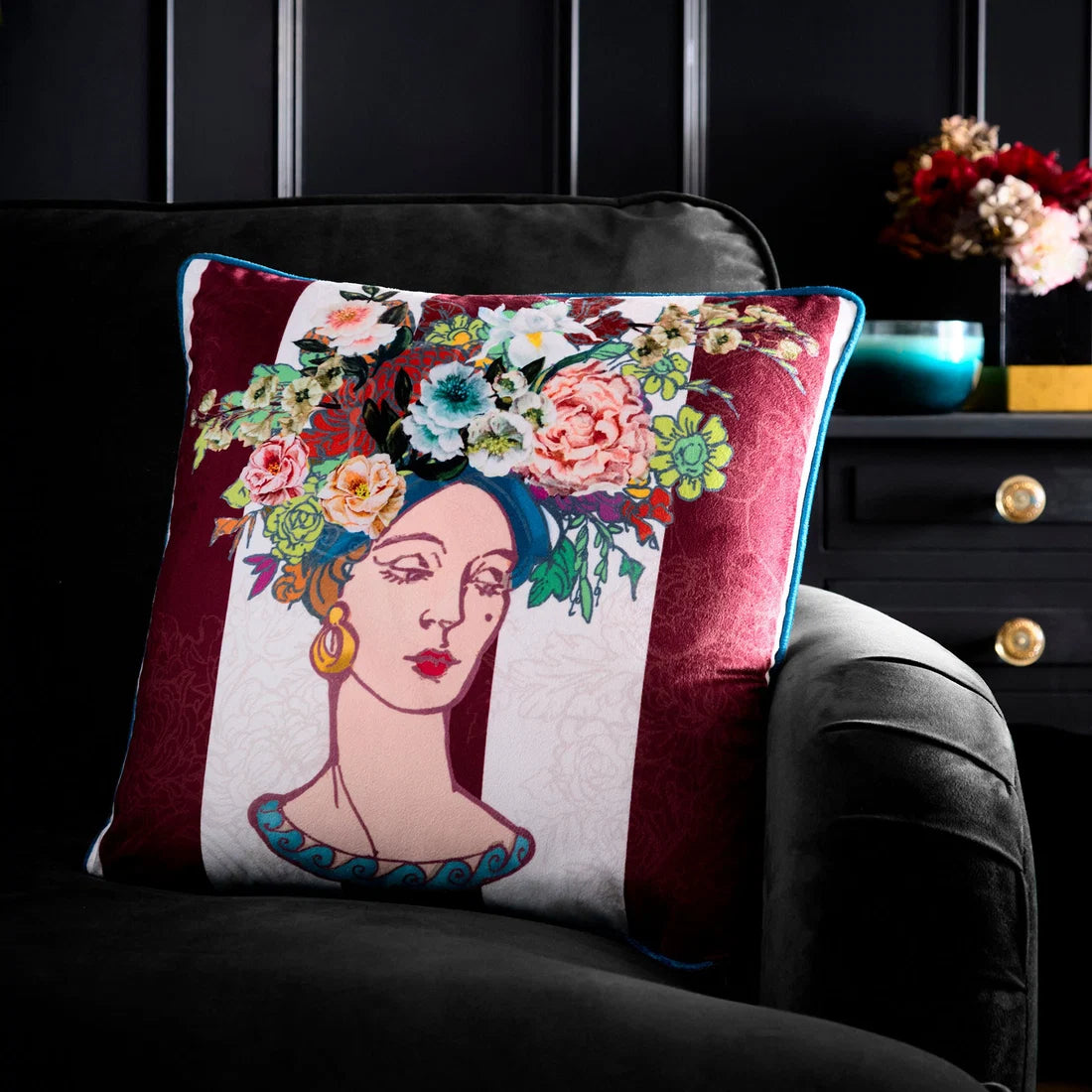 Laurence Llewelyn-Bowen Bouquet Lady velvet cushion in Multi 43 x 43cm with floral portrait design.
