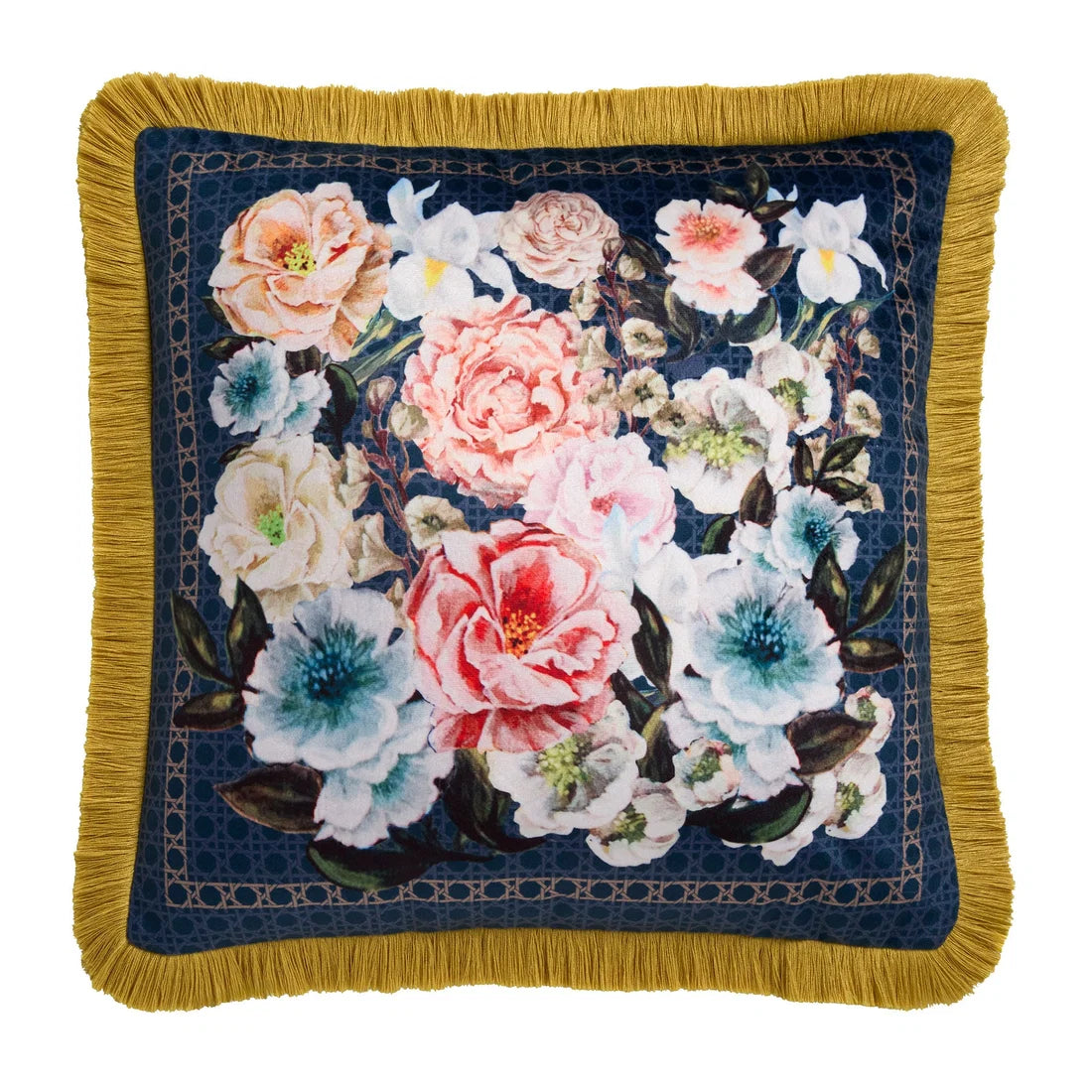 Close-up of the bold floral bouquet design and trellis pattern on the Laurence Llewelyn-Bowen Bouquet List cushion.