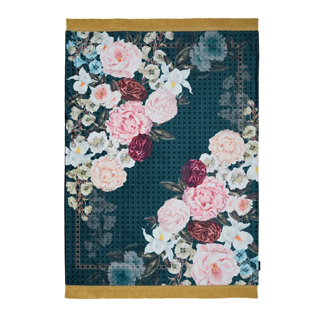 Laurence Llewelyn-Bowen Bouquet List blue velvet throw with vibrant floral design.