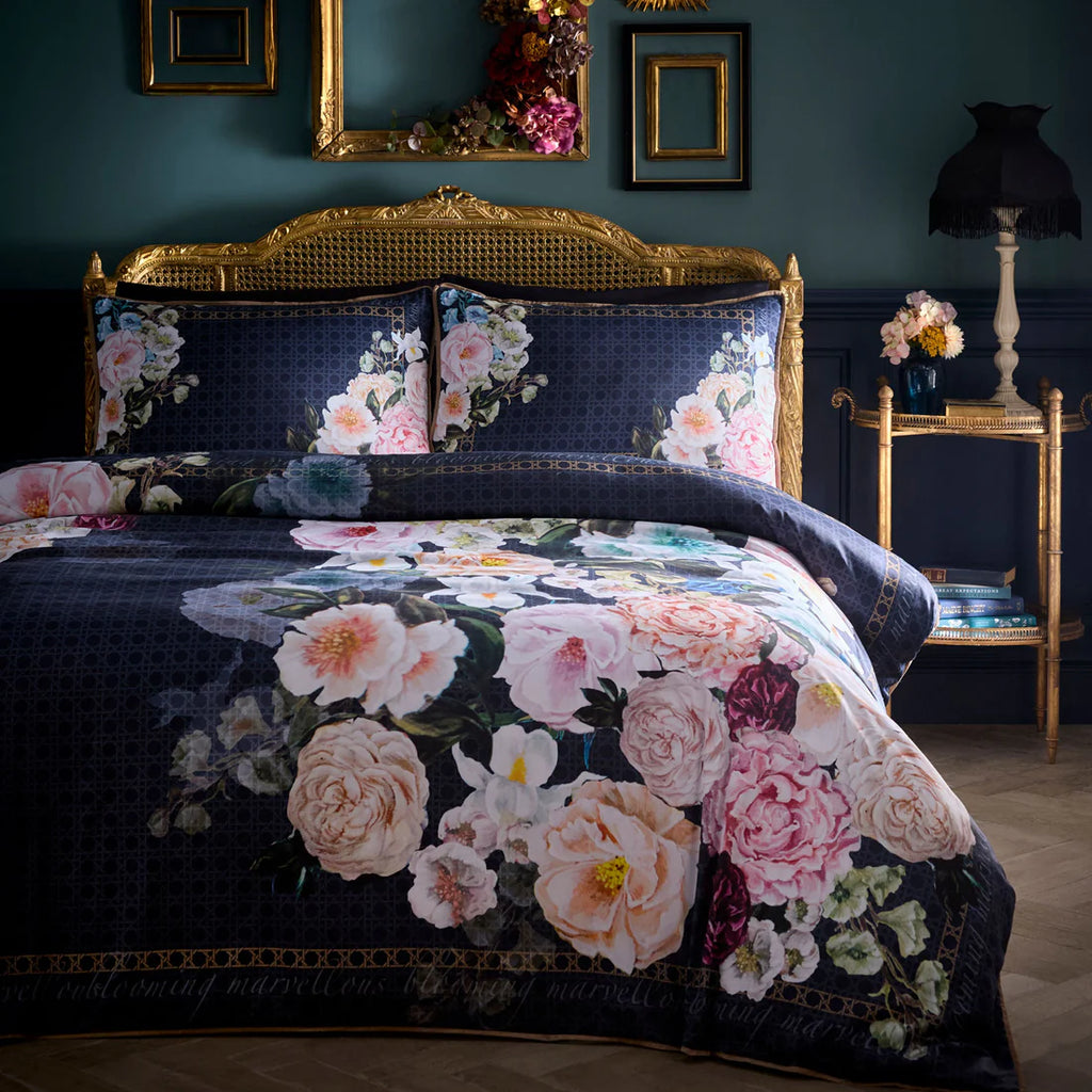 Laurence Llewelyn-Bowen Bouquet List cotton sateen duvet cover set in navy with painterly floral design.
