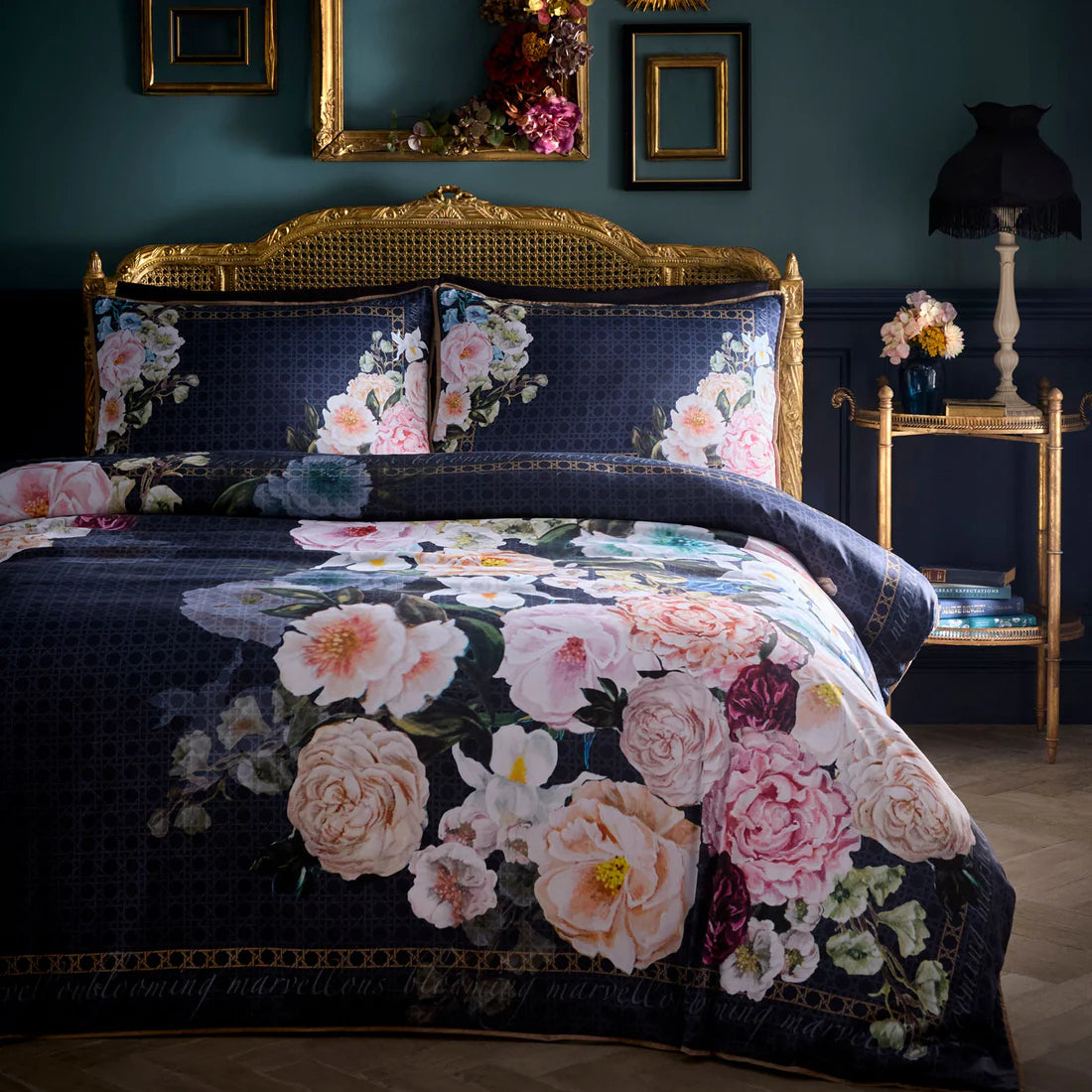 Laurence Llewelyn-Bowen Bouquet List cotton sateen duvet cover set in navy with painterly floral design.