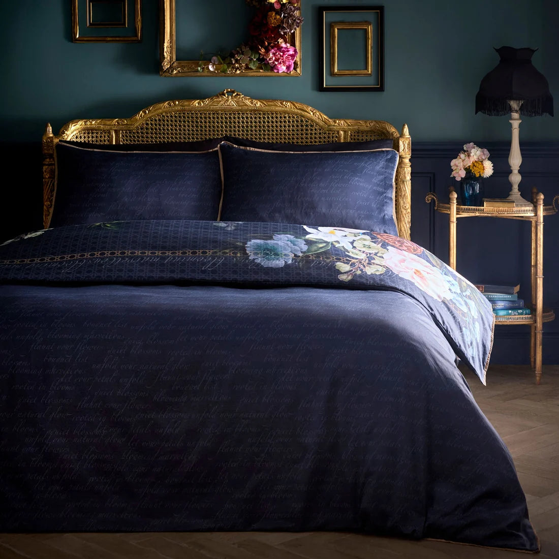 Calligraphic script reverse on the Laurence Llewelyn-Bowen Bouquet List duvet cover set.