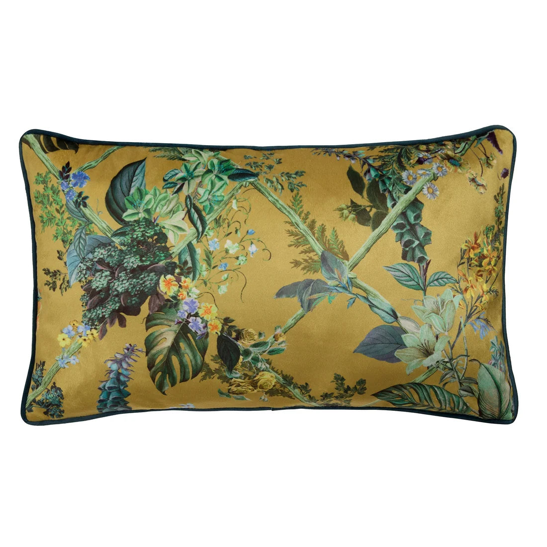 Close-up of the hand-painted floral design on the Laurence Llewelyn-Bowen Cotswold Fantasia Dawn cushion.