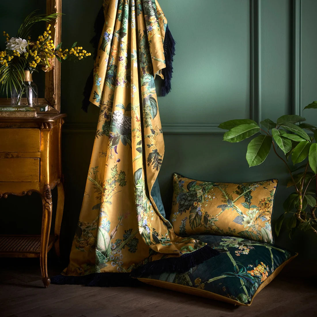 Laurence Llewelyn-Bowen Cotswold Fantasia Dawn Gold cushion styled with coordinating items