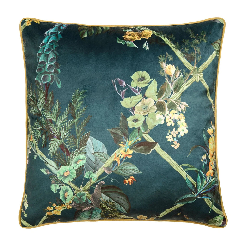 Close-up of the hand-painted floral design on the Laurence Llewelyn-Bowen Cotswold Fantasia Dawn Green cushion.