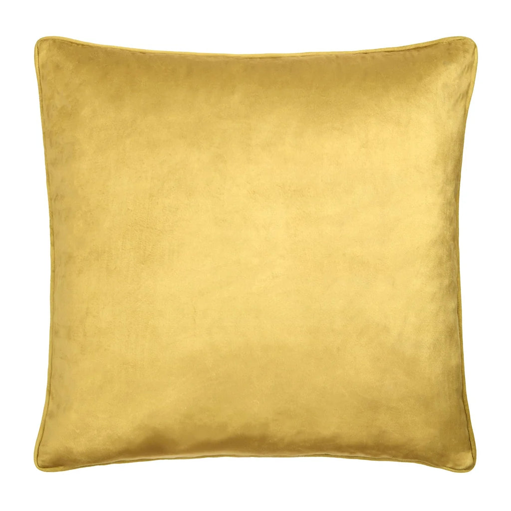 Plain ochre velvet reverse of the Laurence Llewelyn-Bowen Cotswold Fantasia Dawn Green cushion.
