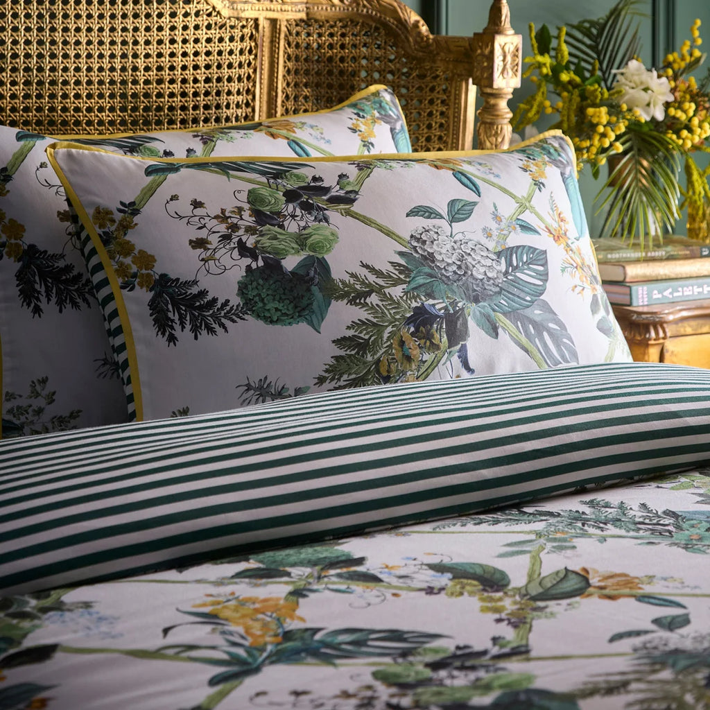 Close-up of the floral and trellis pattern on the Laurence Llewelyn-Bowen Cotswold Fantasia bedding.