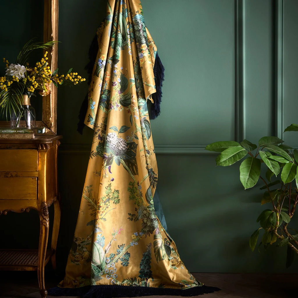 Laurence Llewelyn-Bowen Cotswold Fantasia velvet throw in Gold 130 x 180cm with a luxurious floral design.