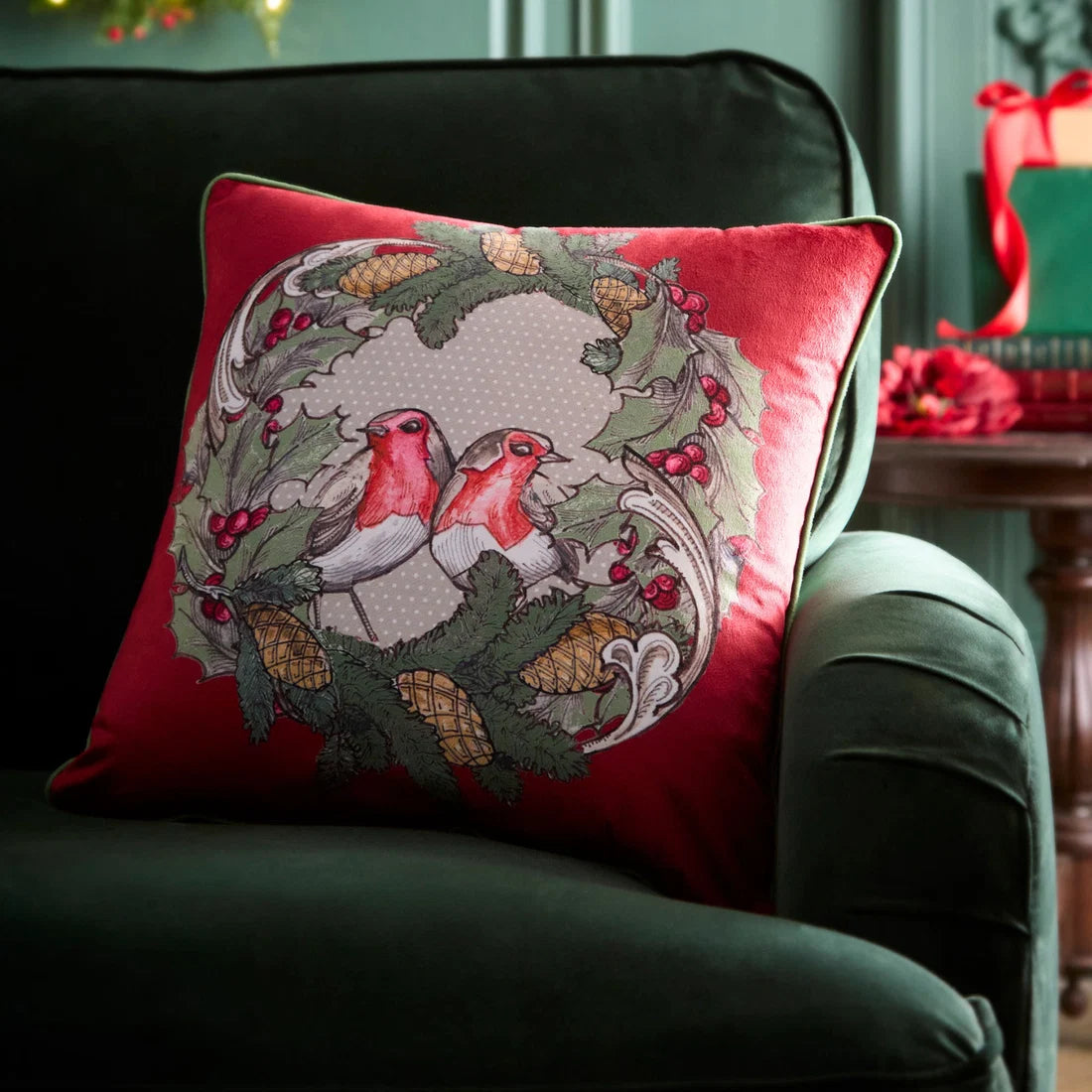 Laurence Llewelyn-Bowen Festive Robin velvet cushion in red 43 x 43cm.