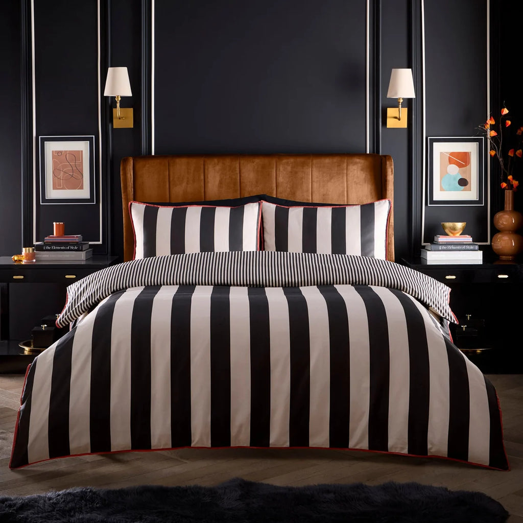 Laurence Llewelyn-Bowen Festivo Circus Stripe duvet cover set in Black with a bold striped design.