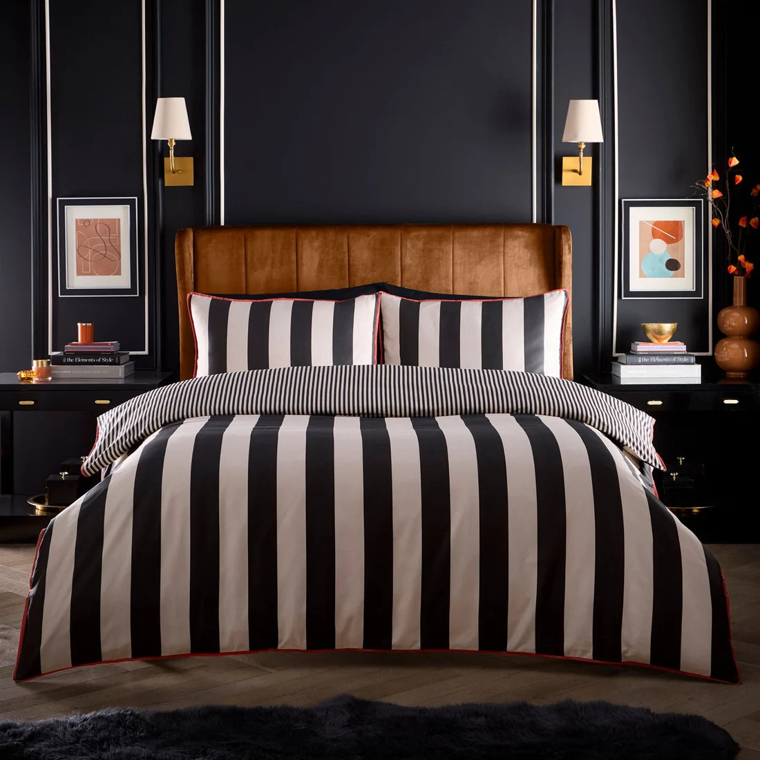 Laurence Llewelyn-Bowen Festivo Circus Stripe duvet cover set in Black with a bold striped design.