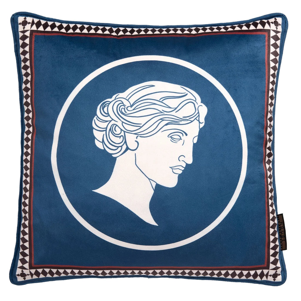 Close-up of the Grecian-inspired ivory muse on the Laurence Llewelyn-Bowen Goddess Teal cushion.
