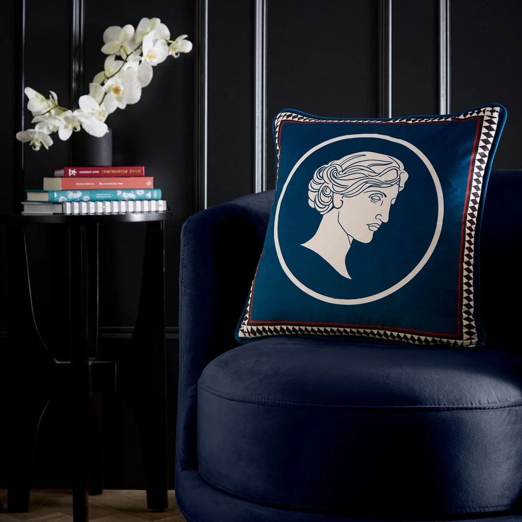 Laurence Llewelyn-Bowen Goddess velvet cushion in Teal 43 x 43cm with a Grecian-inspired muse design.