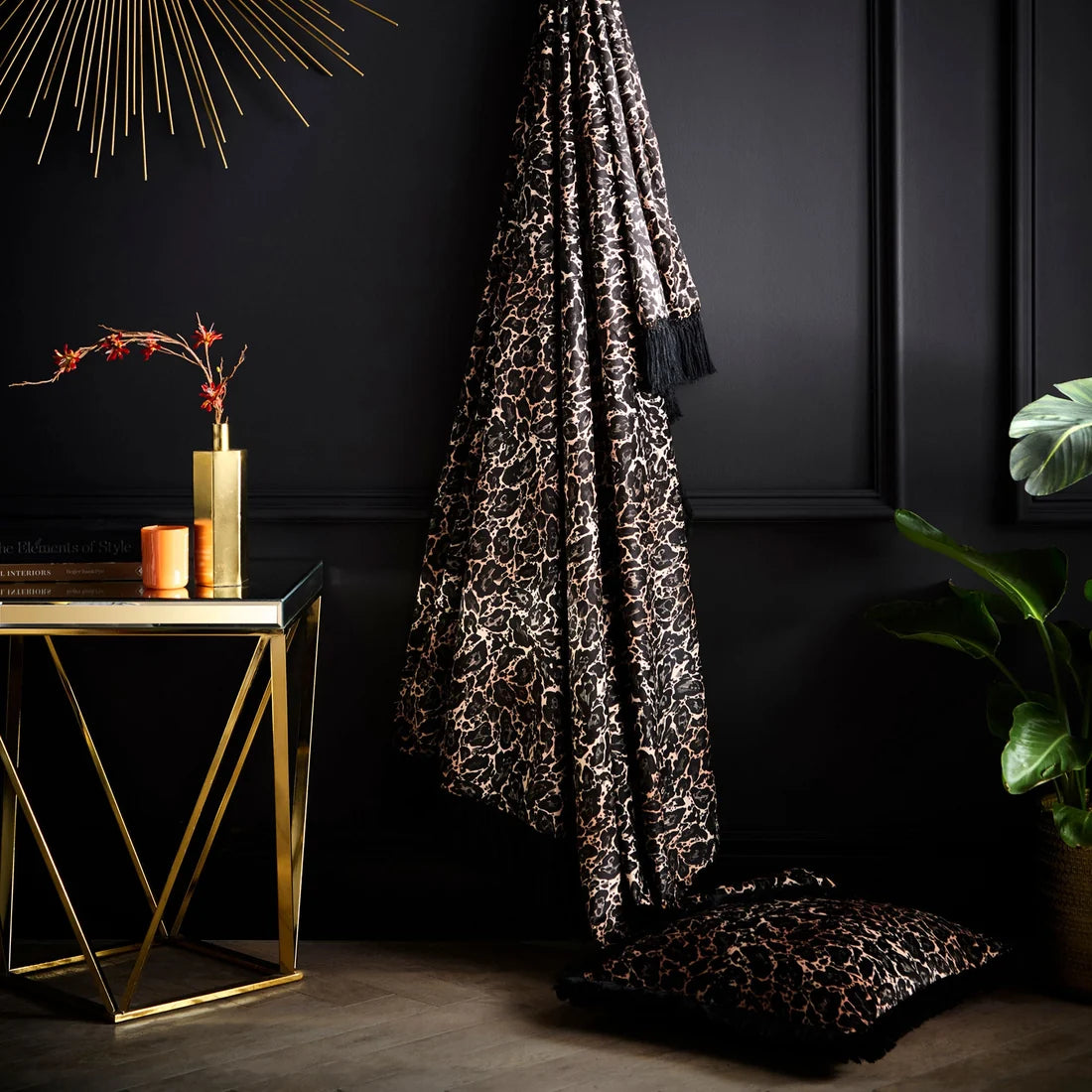 Laurence Llewelyn-Bowen Josephine gold leopard velvet throw measuring 130 x 180cm pictured with matching cushion