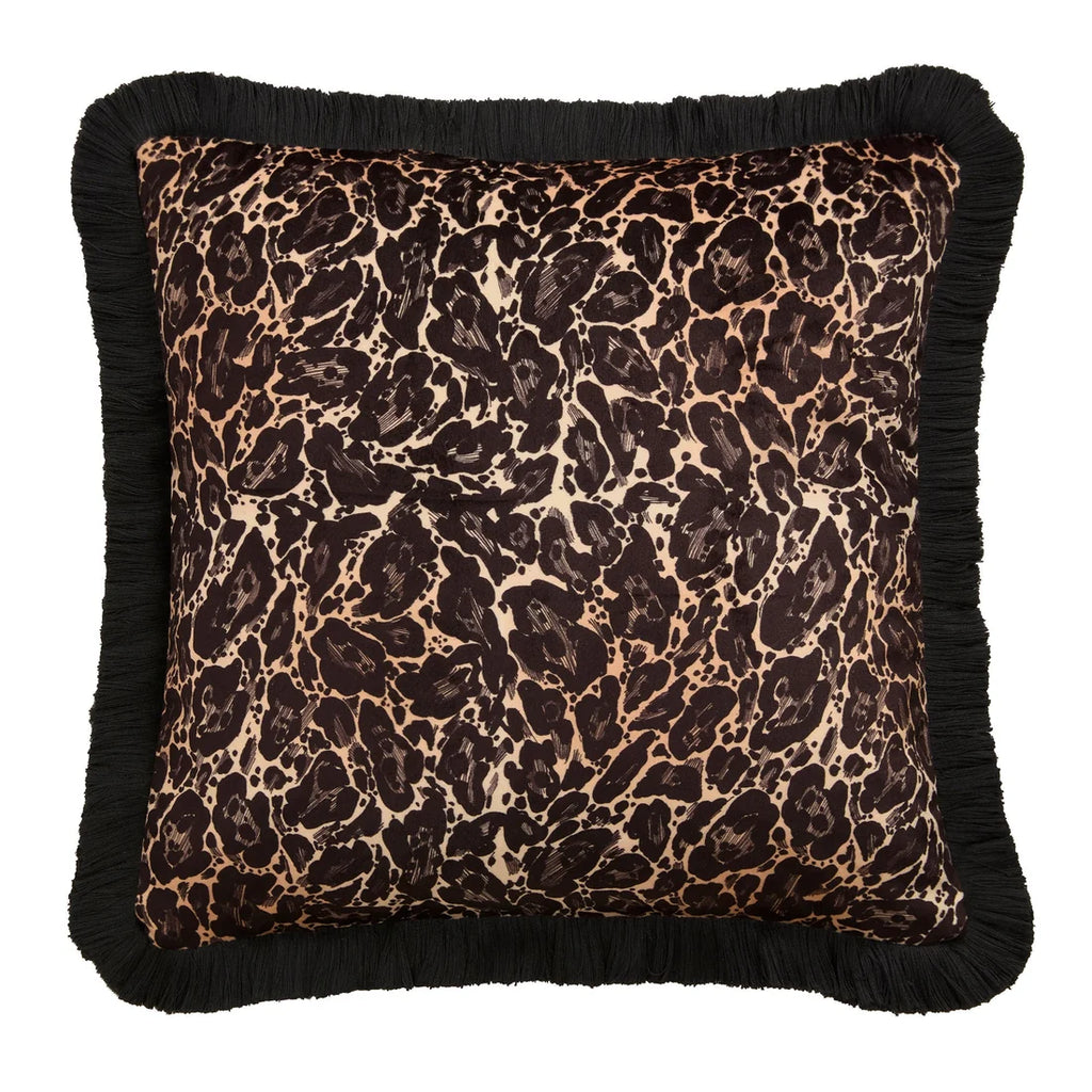 Close-up of the gold leopard print on the Laurence Llewelyn-Bowen Josephine velvet cushion.