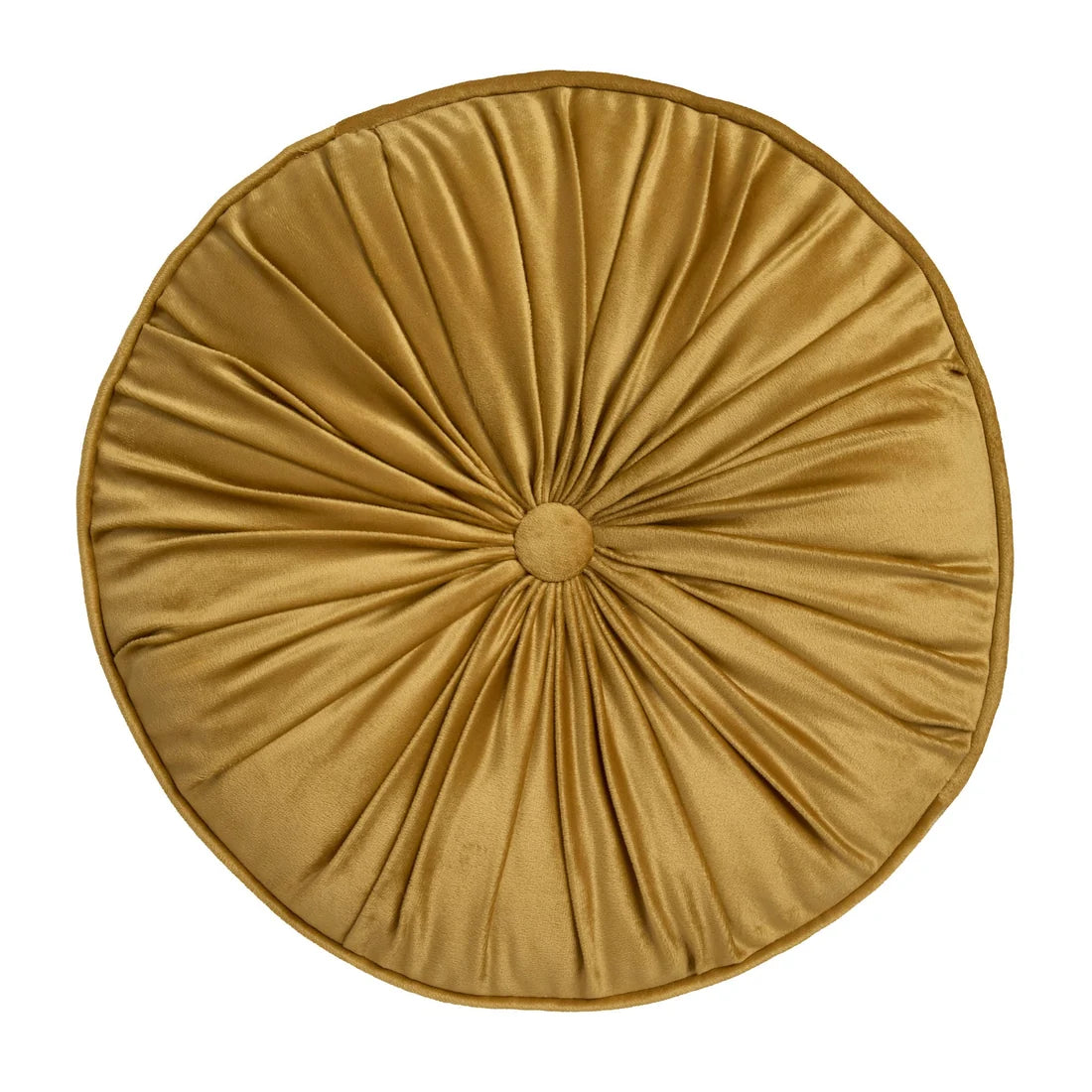 Close-up of the soft ochre velvet fabric on the Laurence Llewelyn-Bowen Round Pleated cushion.