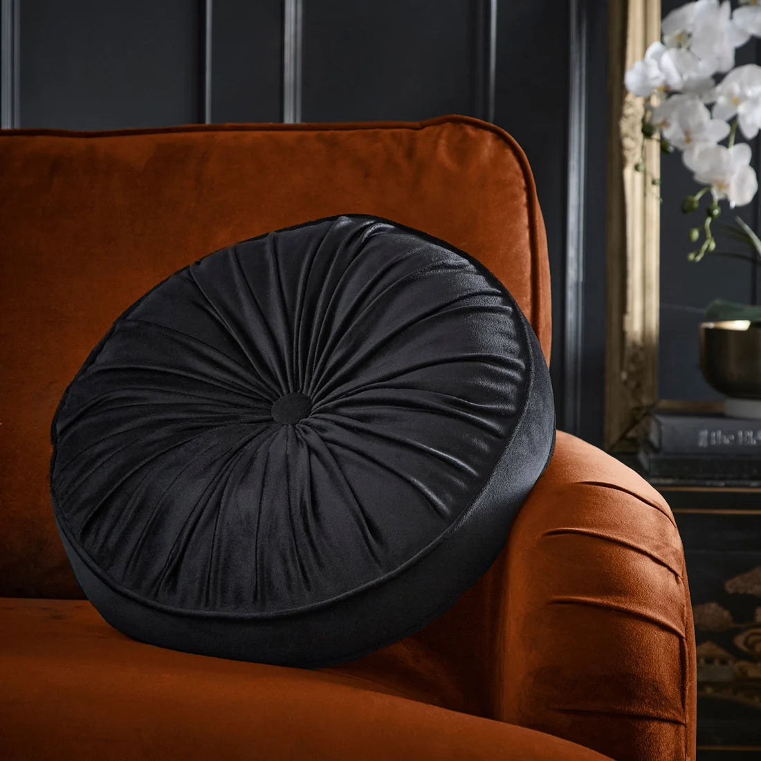 Laurence Llewelyn-Bowen Round Pleated velvet cushion in Black 40cm.