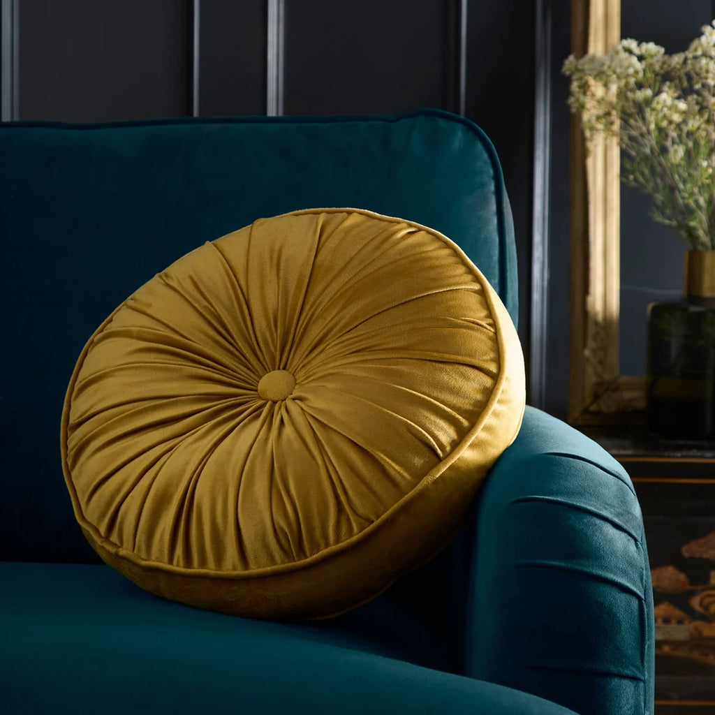 Laurence Llewelyn-Bowen Round Pleated velvet cushion in Ochre 40cm.