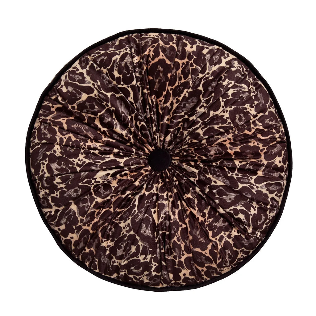 Close-up of the gold leopard print velvet on the Laurence Llewelyn-Bowen Roxy round cushion.