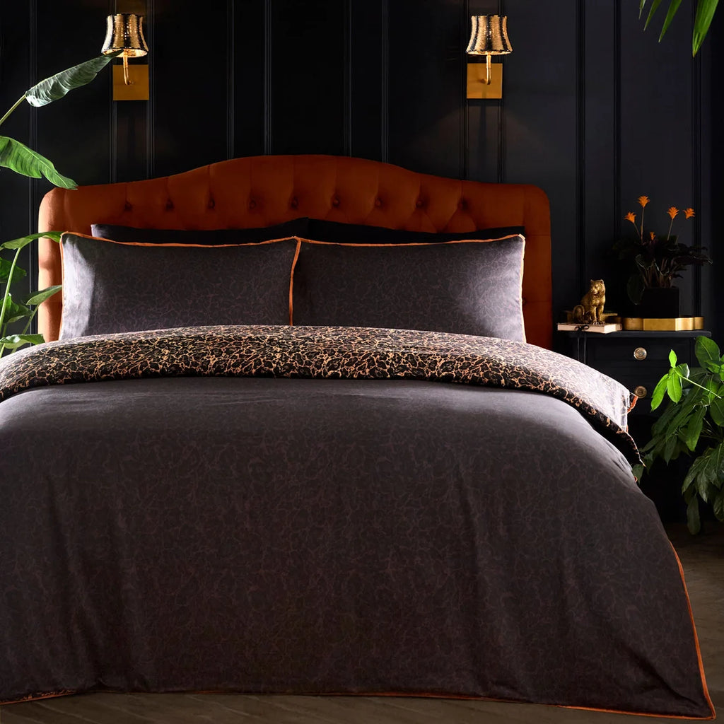 Laurence Llewelyn-Bowen Roxy Leopard Print cotton sateen duvet cover set in black with pale grey leopard print reverse