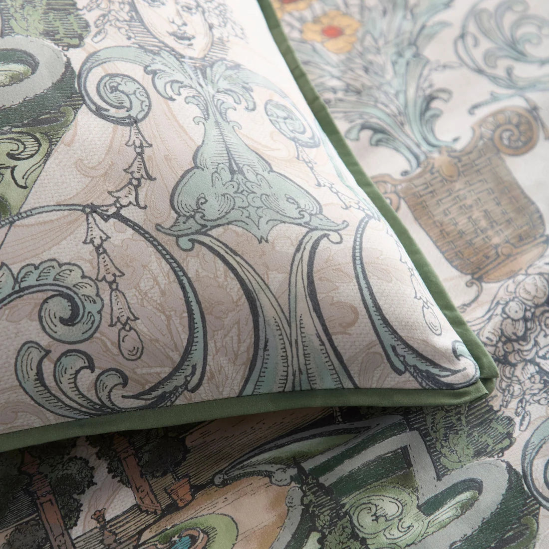 Close-up of the smooth 100% cotton sateen fabric and flat piped edging on the Tuscan Garden duvet cover set.