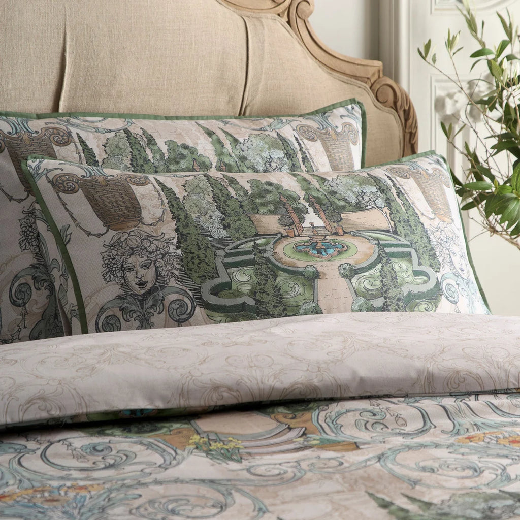 Close-up of the geometric and scrolling design on the Laurence Llewelyn-Bowen Tuscan Garden duvet cover set.