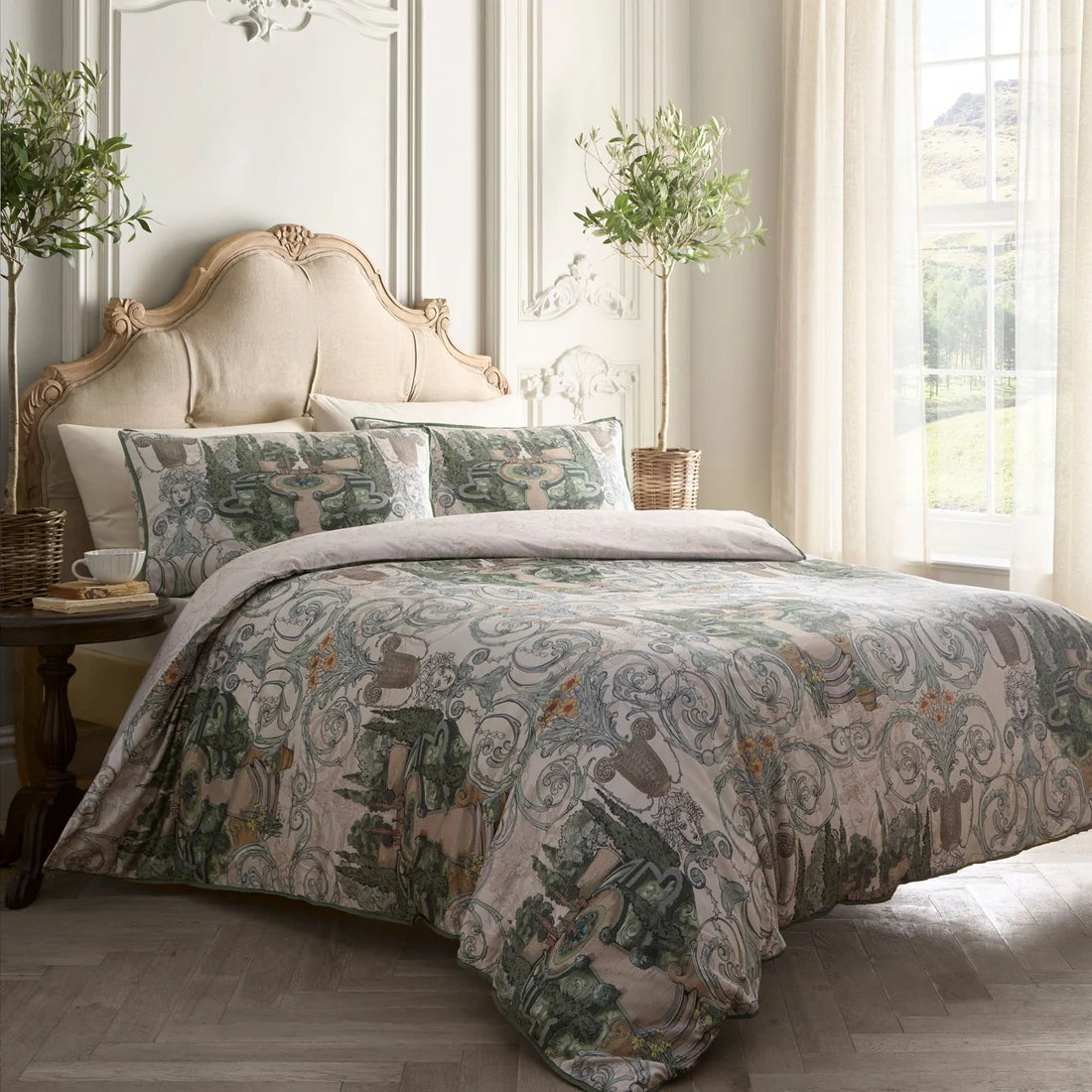 Laurence Llewelyn-Bowen Tuscan Garden reversible cotton sateen duvet cover set in green.