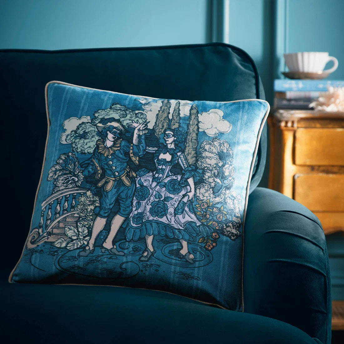 Laurence Llewelyn-Bowen Tuscan Toile velvet cushion in blue 43 x 43cm.