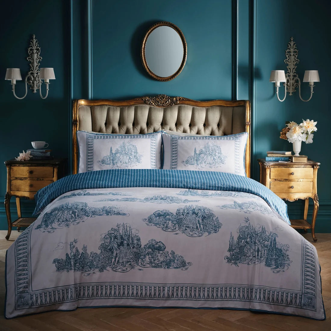Laurence Llewelyn-Bowen Tuscan Toile cotton duvet cover set in blue with scenic toile artwork.