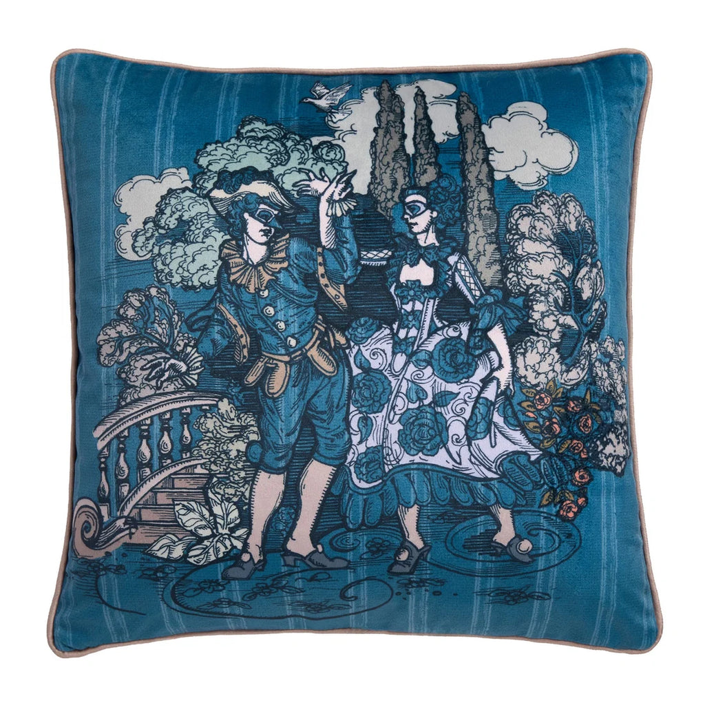 Close-up of the colourful decorative garden toile artwork on the Laurence Llewelyn-Bowen Tuscan Toile cushion.