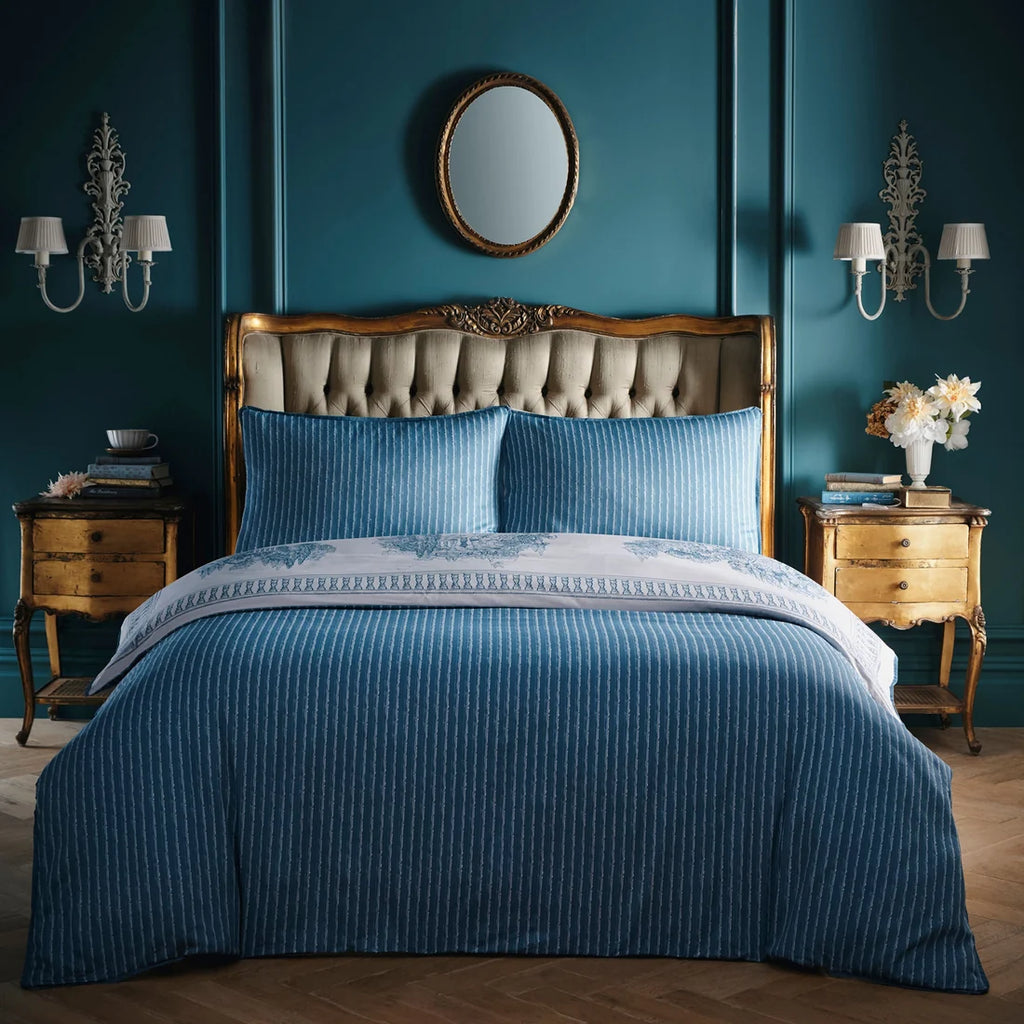 Laurence Llewelyn-Bowen Tuscan Toile cotton duvet cover set in blue with blue stripe reverse