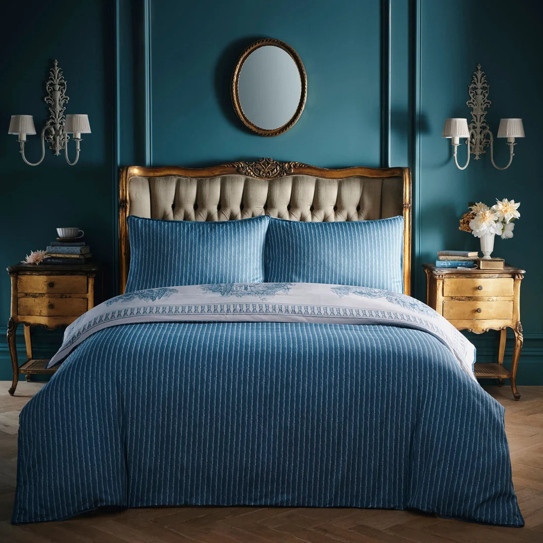 Laurence Llewelyn-Bowen Tuscan Toile cotton duvet cover set in blue with blue stripe reverse