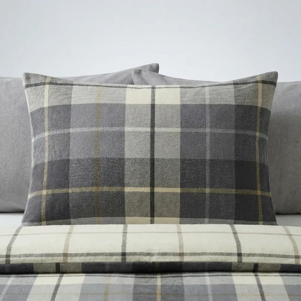 Close-up of the traditional blue check pattern on the Lomond brushed cotton duvet cover set.