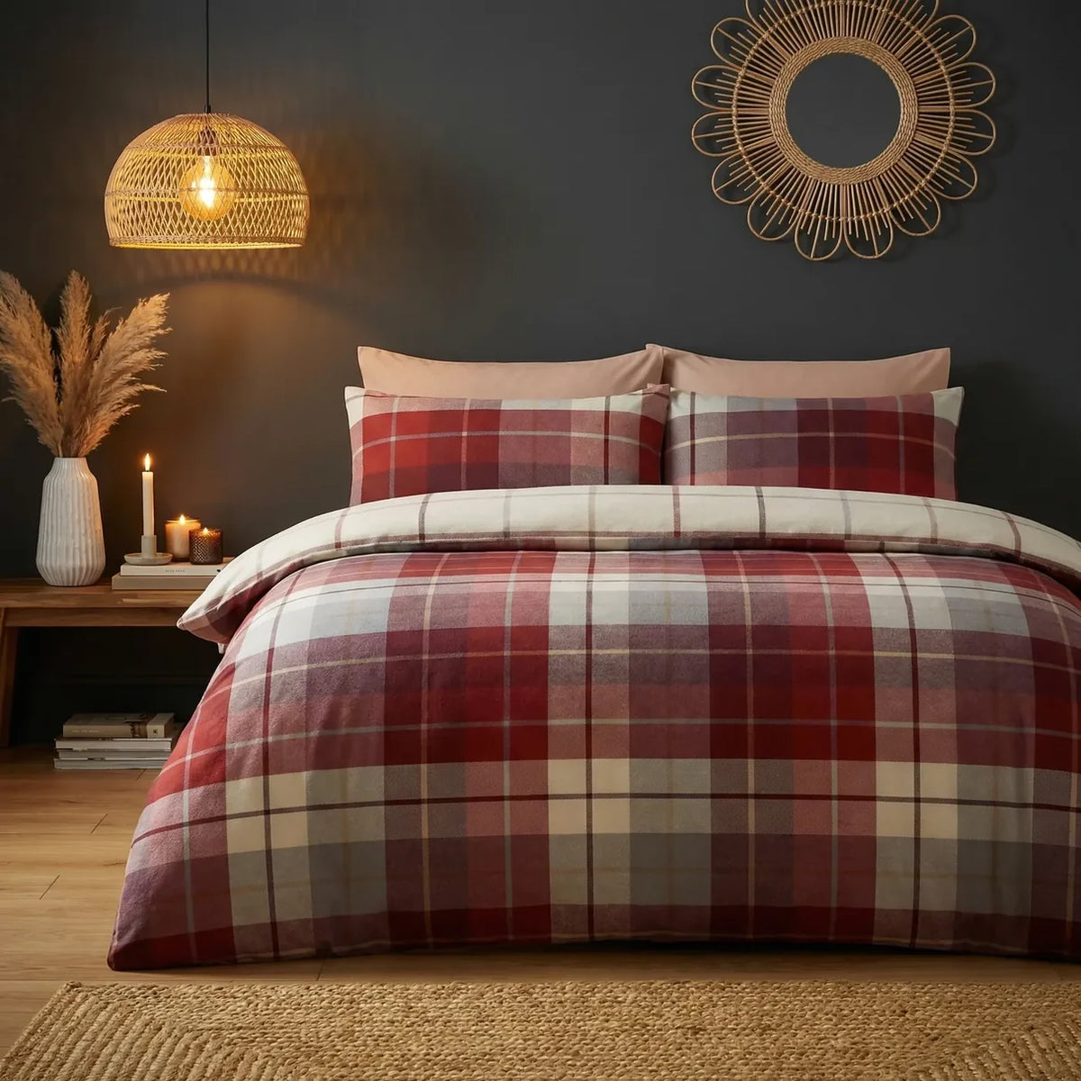 Lomond Check Red duvet cover set in soft 100% brushed cotton.
