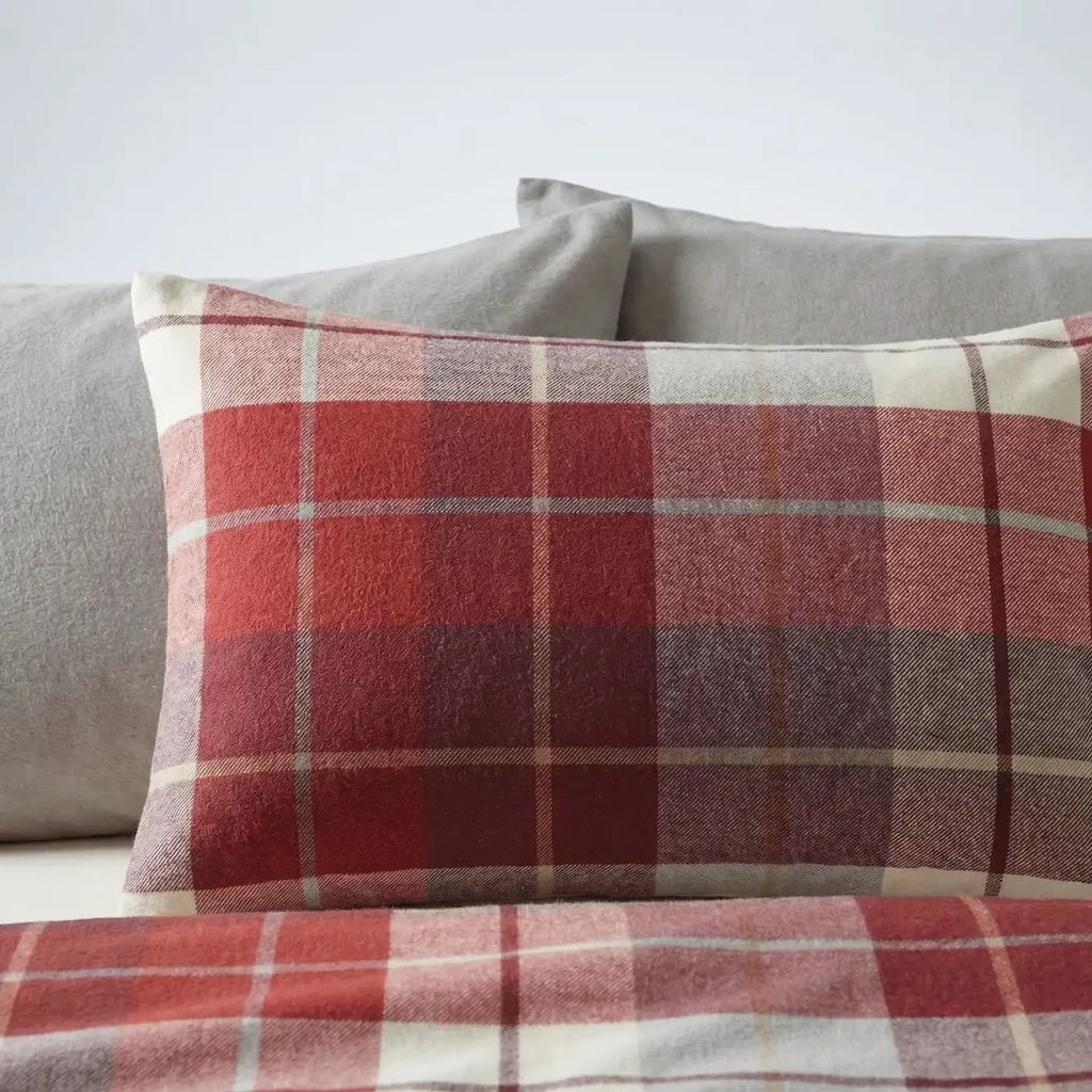 Close-up of the traditional red check pattern on the Lomond brushed cotton duvet cover set.